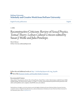 Reconstructive Criticism: Review of Sexual Practice, Textual Theory: Lesbian Cultural Criticism Edited by Susan J