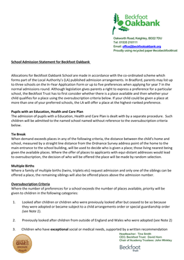 Beckfoot Oakbank School Are Made in Accordance with the Co-Ordinated Scheme Which Forms Part of the Local Authority’S (LA) Published Admission Arrangements