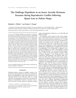 The Challenge Hypothesis in an Insect: Juvenile Hormone Increases During Reproductive Conﬂict Following Queen Loss in Polistes Wasps