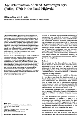 Age Determination of Eland Taurotragus Oryx (Pallas, 1766) in the Natal Highveld