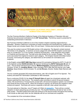 50Th Annual NORTHERN CALIFORNIA AREA EMMY® AWARDS NOMINATIONS ANNOUNCED