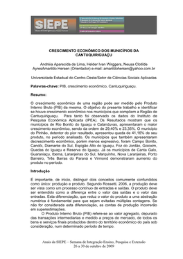 Crescimento Econômico Dos Municípios Da Cantuquiriguaçu