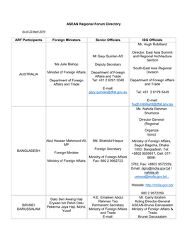 ASEAN Regional Forum Directory ARF Participants Foreign Ministers