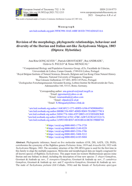 Revision of the Morphology, Phylogenetic Relationships, Behaviour and Diversity of the Iberian and Italian Ant-Like Tachydromia Meigen, 1803 (Diptera: Hybotidae)