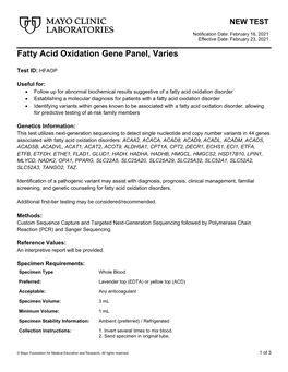 Fatty Acid Oxidation Gene Panel, Varies