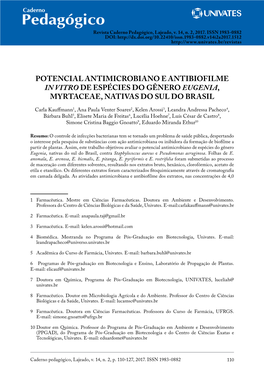 Potencial Antimicrobiano E Antibiofilme in Vitro De Espécies Do Gênero Eugenia, Myrtaceae, Nativas Do Sul Do Brasil