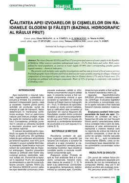 Calitatea Apei Izvoarelor Şi Cişmelelor Din Ra- Ioanele Glodeni Şi Făleşti (Bazinul Hidrografic Al Râului Prut)