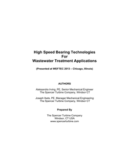 High Speed Bearing Technologies for Wastewater Treatment Applications