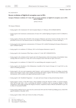 European Parliament Resolution of 11 June 2015 on Recent Revelations on High-Level Corruption Cases in FIFA (2015/2730(RSP)) (2016/C 407/12)