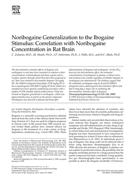 Noribogaine Generalization to the Ibogaine Stimulus: Correlation with Noribogaine Concentration in Rat Brain C