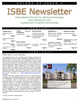 ISBE Newsletter International Society for Behavioral Ecology Supplement to Behavioral Ecology