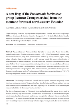A New Frog of the Pristimantis Lacrimosus Group (Anura: Craugastoridae) from the Montane Forests of Northwestern Ecuador