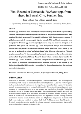 First Record of Nematode Trichuris Spp. from Sheep in Basrah City, Southen Iraq Israa Mohsen Essa 1, Ghazi Yaqoub Azzal 2