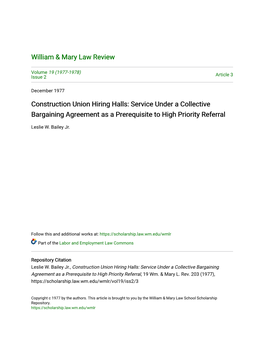 Construction Union Hiring Halls: Service Under a Collective Bargaining Agreement As a Prerequisite to High Priority Referral