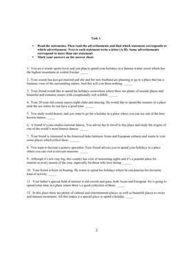 Task 1 • Read the Statements. Then Read the Advertisements and Find Which Statement Corresponds to Which Advertisement. Next T