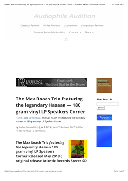 The Max Roach Trio Featuring the Legendary Hasaan — 180 Gram Vinyl LP Speakers Corner – Jazz Music Review – Audiophile Audition 02.07.19, 09�32