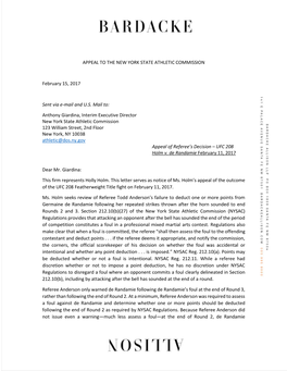 APPEAL to the NEW YORK STATE ATHLETIC COMMISSION February 15, 2017 Sent Via E-Mail and U.S. Mail To: Anthony Giardina, Interim