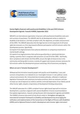 Human Rights of Persons with Psychosocial Disabilities in the Post 2015 Inclusive Development Agenda: Towards HLMDD, September 2013