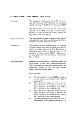 DETERMINATION of COUNCIL TAX DISCOUNTS 2020/21 Summary