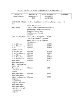 Details of Test Facilities Available at Nth (Er), Kolkata