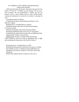 H. I. KIMBALL; HIS CAREER and DEFENSE by Eugene Muse Mitchell Atlanta Has Had Many "Promoters" During the Short Period of Its History