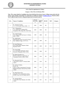 DEPARTMENT of ENVIRONMENTAL STUDIES UNIVERSITY of DELHI Note: the Contact Details of Candidates Have Been Held Back for Privacy