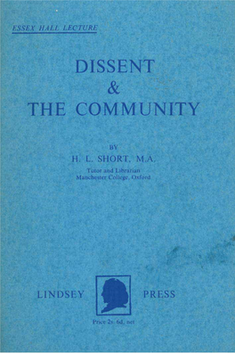 Essex Hall Lecture 1962 Dissent and the Community