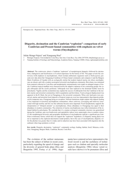 “Explosion”: Comparison of Early Cambrian and Present Faunal Communities with Emphasis on Velvet Worms (Onychophora)