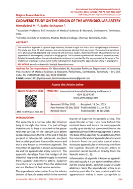 CADAVERIC STUDY on the ORIGIN of the APPENDICULAR ARTERY Nirmaladevi M *1, Sudha Seshayyan 2