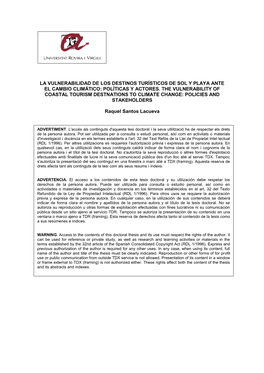 La Vulnerabilidad De Los Destinos Turísticos De Sol Y Playa Ante El Cambio Climático: Políticas Y Actores. the Vulnerability