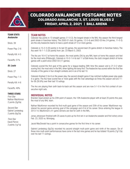 Colorado Avalanche Postgame Notes Colorado Avalanche 3, St