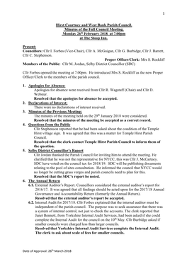 Hirst Courtney and West Bank Parish Council. Minutes of the Full Council Meeting. Monday 26Th February 2018 at 7.00Pm at the Sloop Inn