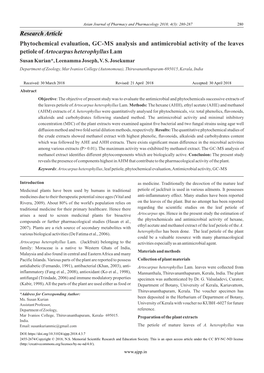 Phytochemical Evaluation, GC-MS Analysis and Antimicrobial Activity of the Leaves Petiole of Artocarpus Heterophyllus Lam Susan Kurian*, Leenamma Joseph, V