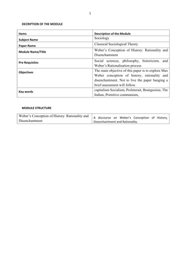 Sociology Classical Sociological Theory Weber's Conception of History: Rationality and Disenchantment Social Sciences, Philos