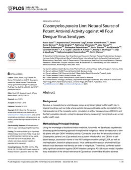 Cissampelos Pareira Linn: Natural Source of Potent Antiviral Activity Against All Four Dengue Virus Serotypes