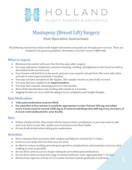 Mastopexy (Breast Lift) Surgery Post-Operative Instructions