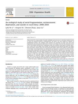 An Ecological Study of Social Fragmentation, Socioeconomic Deprivation, and Suicide in Rural China 2008–2010