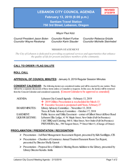 Lebanon City Council Meeting Agenda – 2/13/2019 Page 1 of 2