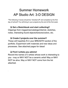 Summer Homework AP Studio Art: 3-D DESIGN