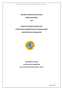 National Competitive Bid (Ncb) Tender Document for Hiring of Support Services for Hydrological Observation on Various Rivers Un