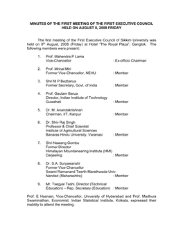 Minutes of the First Meeting of the First Executive Council Held on August 8, 2008 Friday