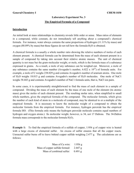 General Chemistry I CHEM-1030 Laboratory Experiment No. 3 the Empirical Formula of a Compound