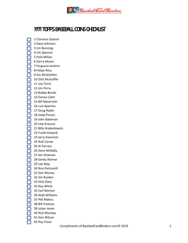 1971 Topps Baseball Coins Checklist