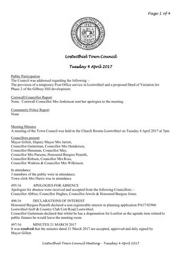 Of 4 Lostwithiel Town Council Tuesday 4 April 2017 Public Participation