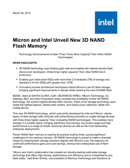 Micron and Intel Unveil New 3D NAND Flash Memory