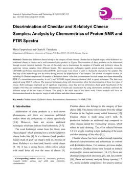 Discrimination of Cheddar and Kefalotyri Cheese Samples: Analysis by Chemometrics of Proton-NMR and FTIR Spectra