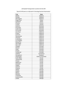 Anticipated Testing Center Locations for the CDR Board Certification As A