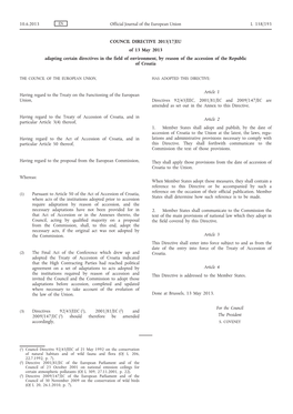 COUNCIL DIRECTIVE 2013/17/EU of 13 May 2013 Adapting Certain Directives in the Field of Environment, by Reason of the Accession of the Republic of Croatia