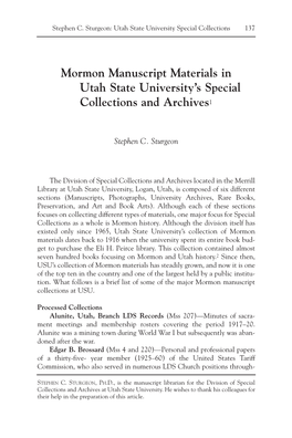 Mormon Manuscript Materials in Utah State University's Special