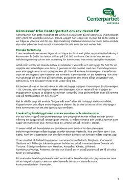 Remissvar Från Centerpartiet Om Reviderad ÖP Centerpartiet Har Getts Möjlighet Att Lämna in Synpunkter På Revidering Av Översiktsplan (ÖP) 2026 För Västerås Kommun